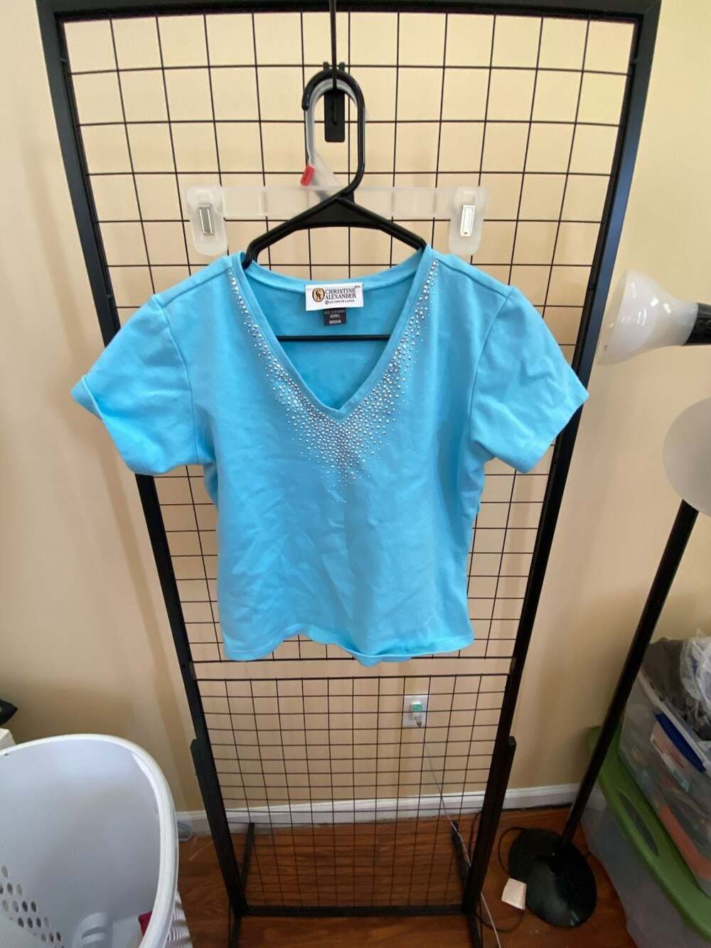 Christine Alexander Light Blue Rhinestone Embellished V-Neck Short Sleeve Top